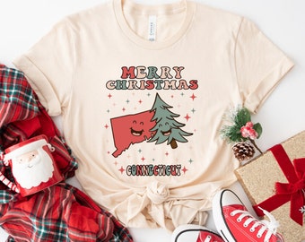 MERRY CHRISTMAS CONNECTICUT Vintage T-shirt, Connecticut Pride Shirt, Groovy Xmas Connecticut Tee, Retro Connecticut Native Gift Idea