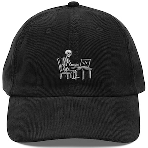 Skeleton Programmer Corduroy Hat, Computer Coder Embroidered Cap, Software Developer Spooky Gift