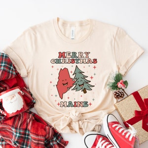 Camiseta vintage FELIZ NAVIDAD MAINE, camiseta Maine Pride, camiseta Groovy Xmas Maine, camiseta retro nativa de Maine, idea de regalo de Navidad de Maine