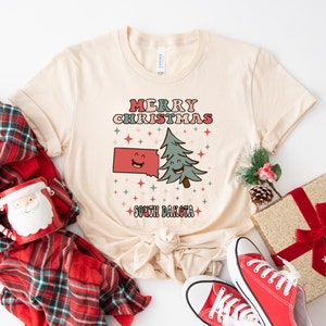 BUON NATALE T-shirt vintage South Dakota, maglietta South Dakota Pride, maglietta Groovy Xmas South Dakota, maglietta retrò South Dakota Native