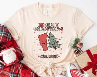 MERRY CHRISTMAS VERMONT Vintage T-shirt, Vermont Pride Shirt, Groovy Xmas Vermont Tee, Retro Vermont Native Shirt, Vermont Christmas Gift