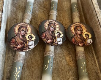 Greek Easter Candle Lampada with Icon anastasis πασχαλινή λαμπάδα χειροποίητη με εικόνα της Παναγίας