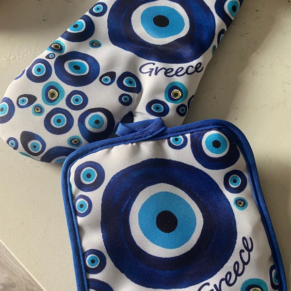 Oven Evil Eye Mitt and Potholder 2 piece Set from Greece