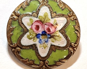 Antique Champlevé Enamel Button. Unusual Colour. Hand Painted Floral Bouquet.