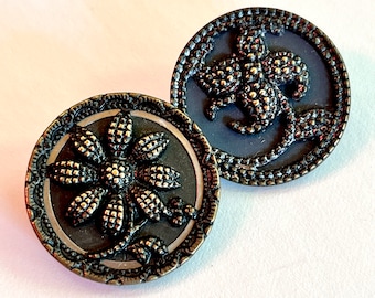 Pair of Antique Flower Buttons. Lily and Sunflower.