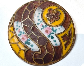 Antique Matte Finish Champlevé Enamel Button. With Hand Painted Roses.