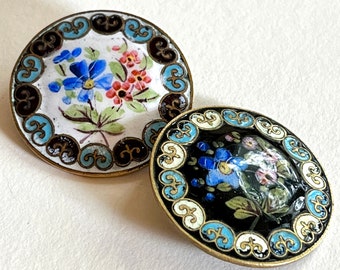 Antique Enamel Button. Hand Painted Bouquet of Flowers. Choice of 2.