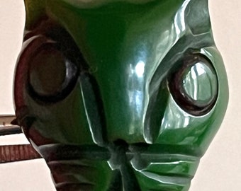 Carved Green Bakelite Button. Realistic Cat Mask.