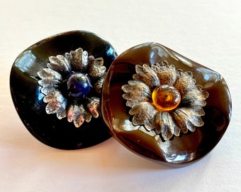 1910/1920s Bakelite Coat Buttons. Jewel in Metal Flower. Chose Chocolate or Licorice.