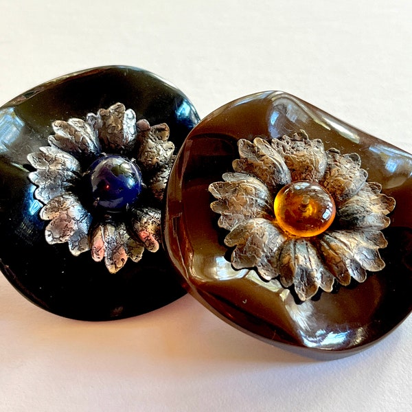 1910/1920s Bakelite Coat Buttons. Jewel in Metal Flower. Chose Chocolate or Licorice.