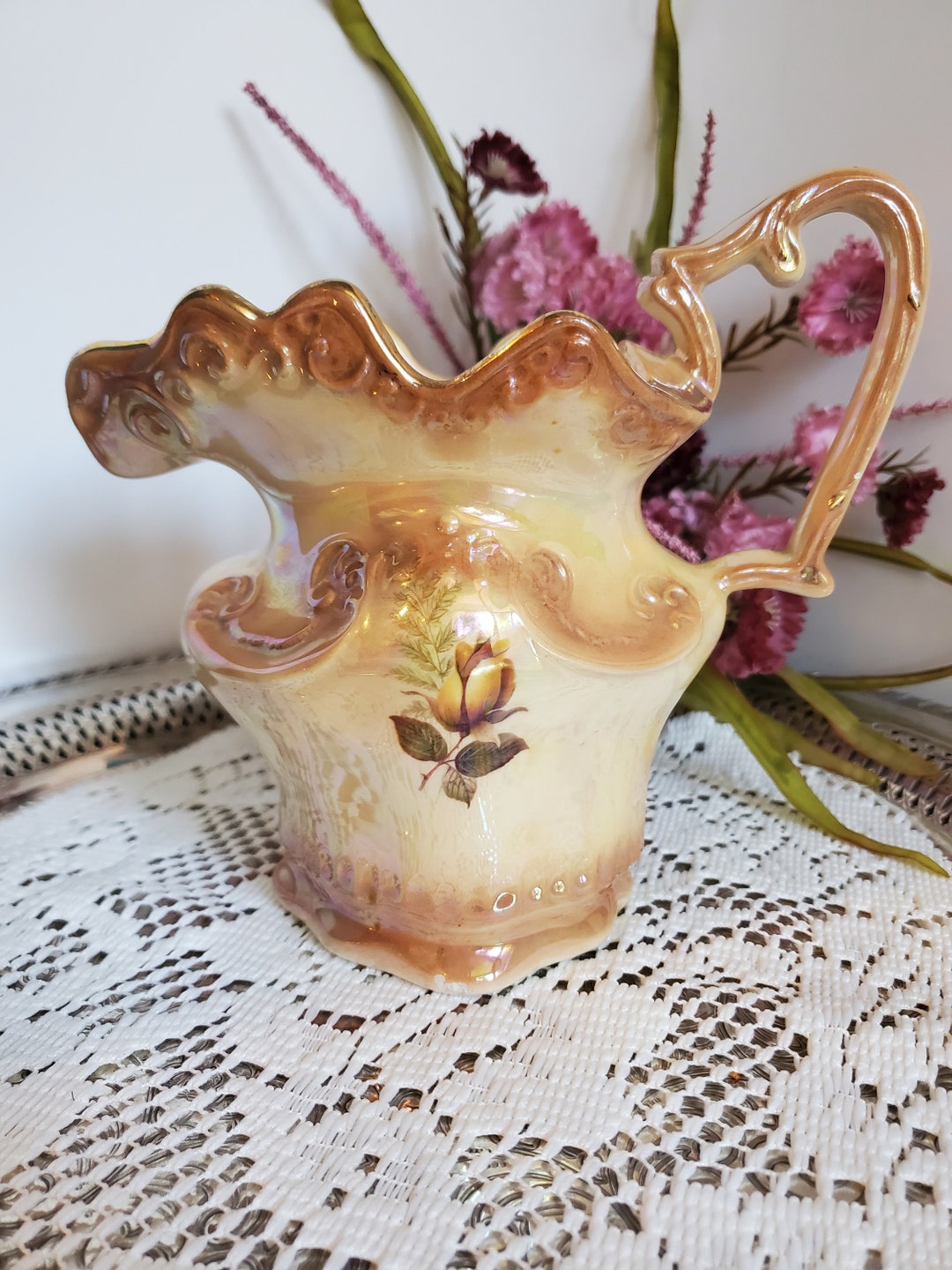 Arnel's Pottery Pitcher With Floral Design and Iridescent Etsy