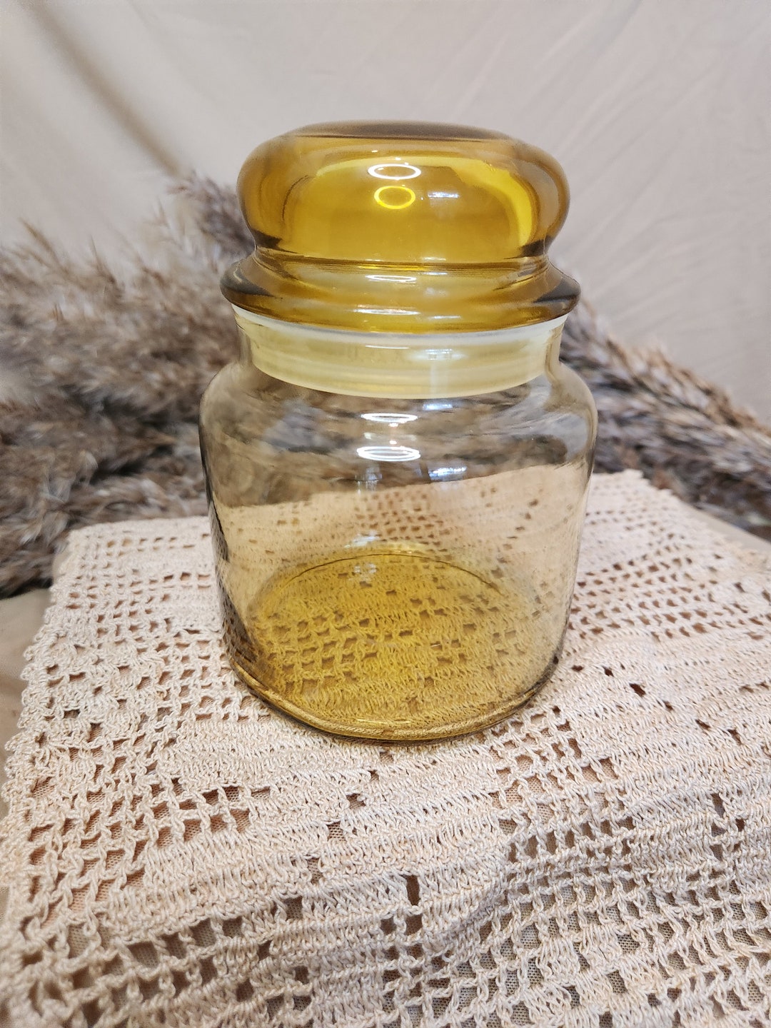 Small Amber Glass Canister With Domed Lid Etsy