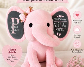Personalised Birth Announcement Elephant, Birth Stat Elephant, Baby Keepsake, New Baby Gift, Baby Shower Gift, Stuffed Elephant