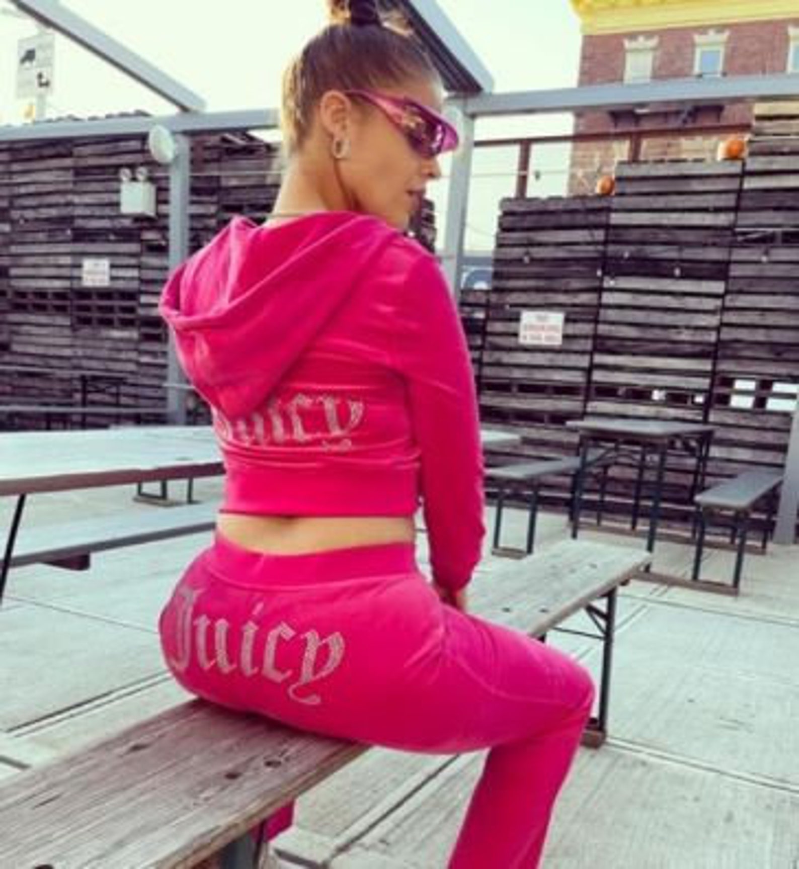 Juicy Coutoure Velvet Suit Fall Winter Women's Warm 2PC Sportswear Rhinestone Crown Homewear Casual Ladies Hooded Sweatshir