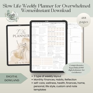 Może przedstawiać: Cyfrowy planer na tablecie, w kremowo-beżowej kolorystyce. Planer zawiera sekcje dotyczące układów tygodniowych, finansów, nawyków i dbania o siebie. Na ekranie widnieje napis "2026 Planner" i "Slow Life Weekly Planner". Obraz zawiera również tekst "488 stron".