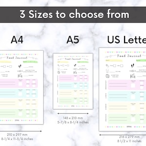 May include: Three printable food journal templates in different sizes: A4 (210 x 297 mm), A5 (148 x 210 mm), and US Letter (216 x 279 mm). Each template features a colourful design with a section for recording meal times, food details, and baby milestones.