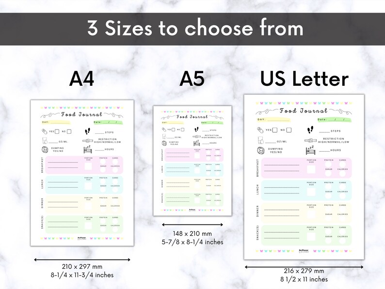 May include: Three printable food journal templates in different sizes: A4 (210 x 297 mm), A5 (148 x 210 mm), and US Letter (216 x 279 mm). Each template features a colourful design with a section for recording meal times, food details, and baby milestones.
