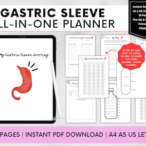 Könnte beinhalten: Ein digitaler Planer mit dem Titel "Gastric Sleeve All-In-One Planner" mit 19 Seiten, zum sofortigen Download verfügbar. Der Planer enthält prä- und postoperative Seiten und zeigt ein Tablet mit einer Zeichnung eines Magens und einem Stift.