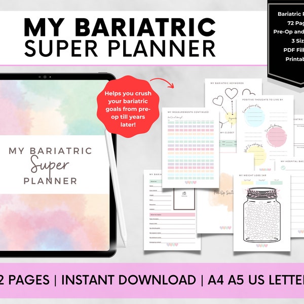 Bariatric Surgery Planner, RNY Gastric Bypass Journal, Gastric Sleeve Pre-Op Post-Op Printables, VSG Diary, Food, Goal & Measurements Pages