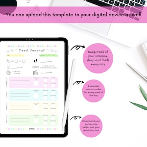 May include: A digital food journal template with a pink, blue and yellow colour scheme. The template includes sections for tracking daily intake, steps, sleep and restrictions. The text "Food Journal" is at the top of the template.