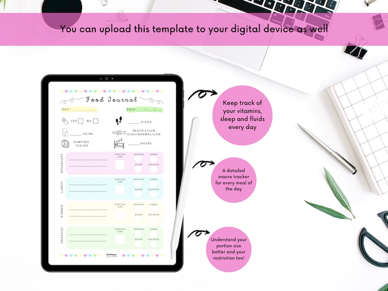 May include: A digital food journal template with a pink, blue and yellow colour scheme. The template includes sections for tracking daily intake, steps, sleep and restrictions. The text "Food Journal" is at the top of the template.