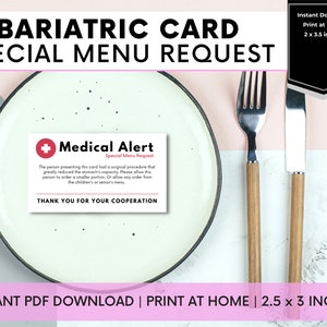 Demande de menu spécial de chirurgie bariatrique imprimable, carte de demande de menu spécial de pontage gastrique, téléchargement de modèle médical de manchon gastrique