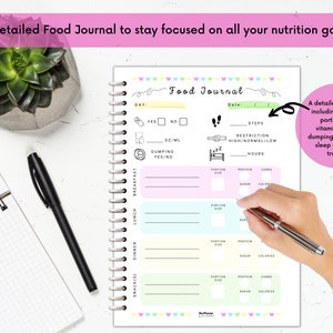 May include: A pink and green food journal with a spiral binding. The journal has sections for tracking meals, snacks, sleep, steps, and restrictions. The text "Food Journal" is written in black on a yellow background.