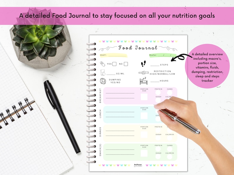 May include: A pink and green food journal with a spiral binding. The journal has sections for tracking meals, snacks, sleep, steps, and restrictions. The text "Food Journal" is written in black on a yellow background.