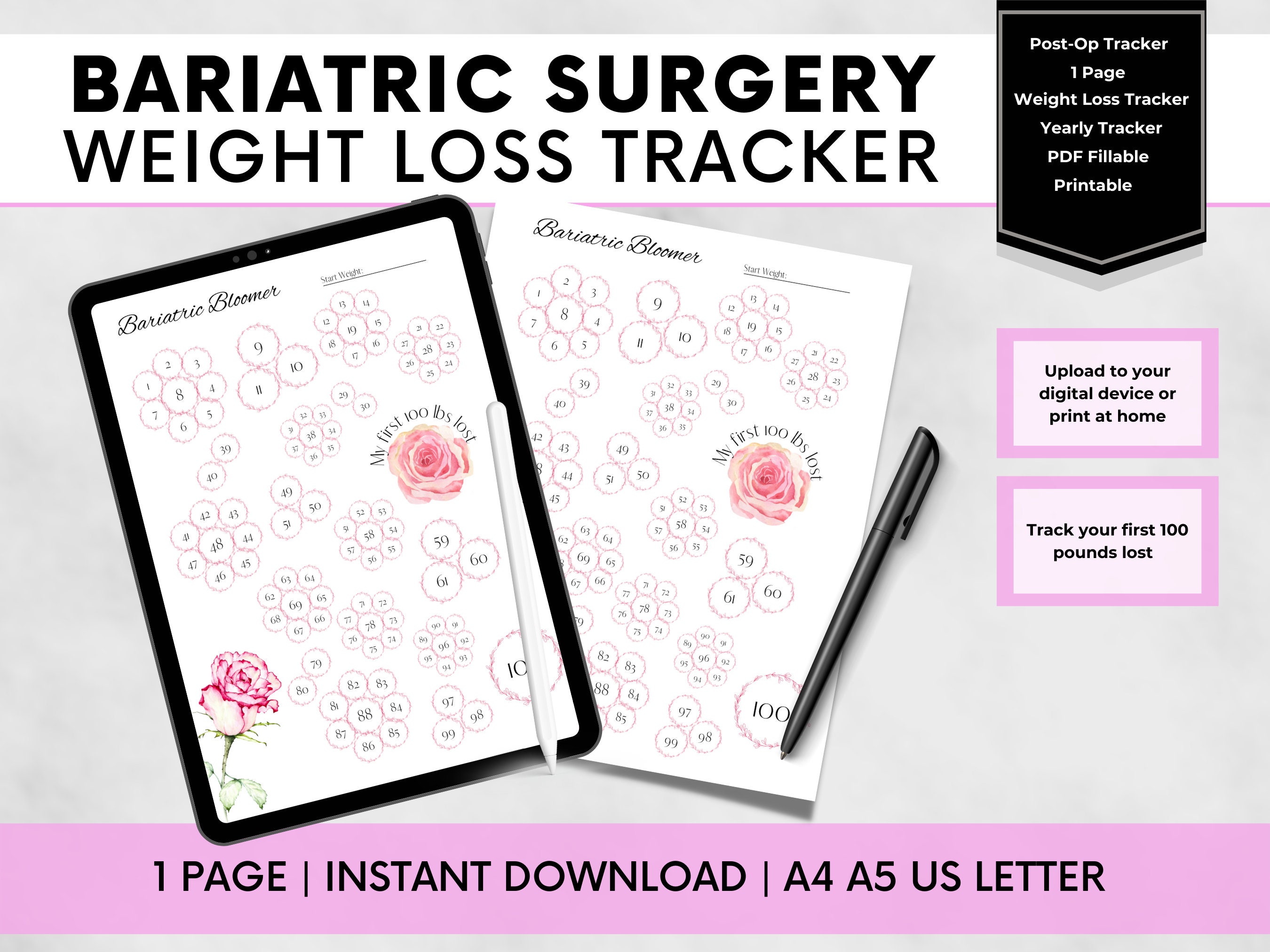 Bariatric 100 lbs lost Tracker, Gastric Bypass Weight Loss Tracker, Gastric Sleeve Weight Loss Tracker, Weight Loss Surgery 100 lbs