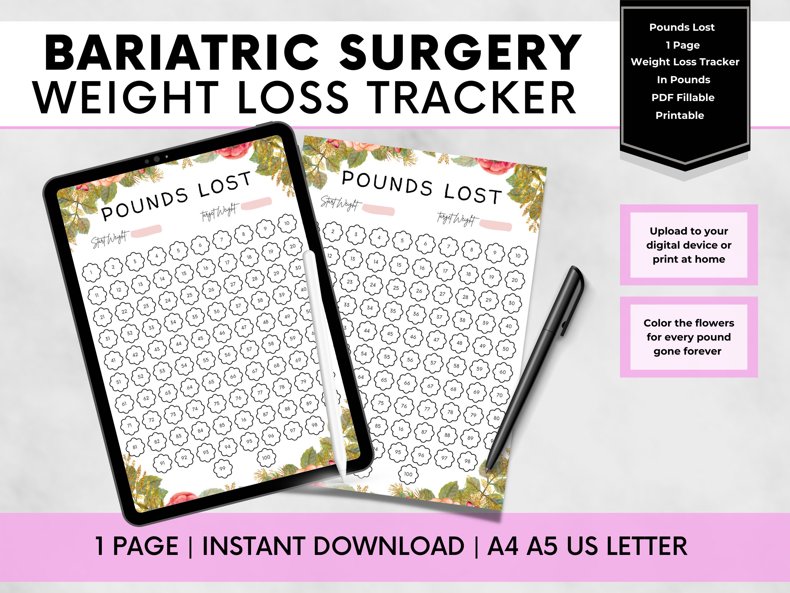 Bariatric Weight Loss Tracker, Gastric Bypass Floral Weight Loss ...
