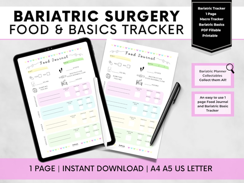 A detailed food journal to keep track of your nutrition goals after bariatric surgery. This food diary is perfect after your VSG or gastric bypass as it has a macro, fluid, vitamins, steps, restriction, dumping tracker too.
