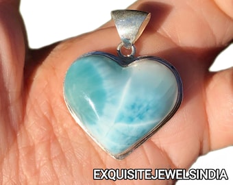 Beautiful Heart Shape Larimar Pendant, 925 Sterling Silver Pendant, Natural Larimar, Handmade Jewelry, Pendant For Women, Gift For Her***