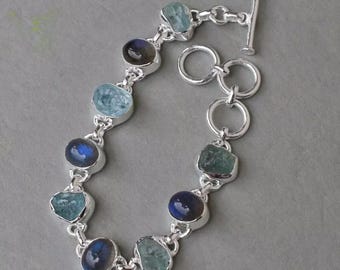 Natural Aquamarine & Labradorite Bracelet, Handmade Bracelet, 925 Sliver Bracelet, Two Stone, Girls Bracelet, Birthstone Bracelet***