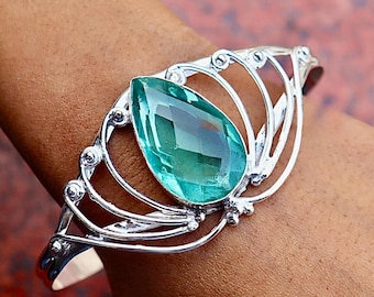 Brazalete de aguamarina, brazalete de plata de ley 925, aguamarina natural, brazalete auténtico, brazalete hecho a mano, brazalete de diseño, brazalete tipo puño***