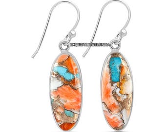 Piedra natal de diciembre, pendiente ovalado de cobre con turquesa y ostra, pendiente hecho a mano, pendiente de plata de ley 925, turquesa natural, pendiente colgante