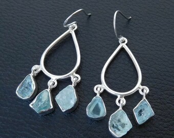 Raw Stone Aquamarine Earring, Gemstone Earrings, Handmade Earring, Women Jewelry, 925 Sterling Silver Earring, Gift For Her