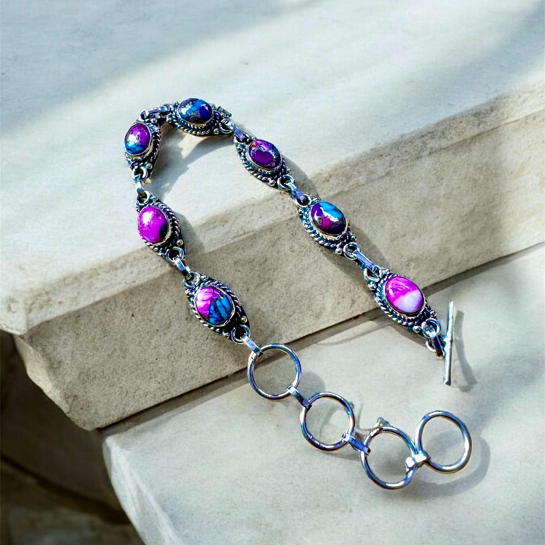 ゴージャスなピンク銅ターコイズブレスレット、ハンドメイド調節可能