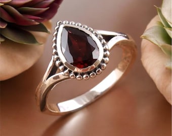 Pear Garnet Ring, Handmade Ring, January Birthstone, Solid 925 Silver, Dark Red Garnet Gemstone, Ring For Women, Gift For Her, Gift For Love