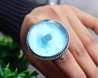 Anello rotondo con topazio blu, in argento sterling 925, con topazio blu naturale, pietra grande, anello fatto a mano, gemma di topazio, regalo per tutti***