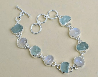 Raw Aquamarine / Moonstone Bracelet, Handmade 925 Sterling Silver Jewelry***