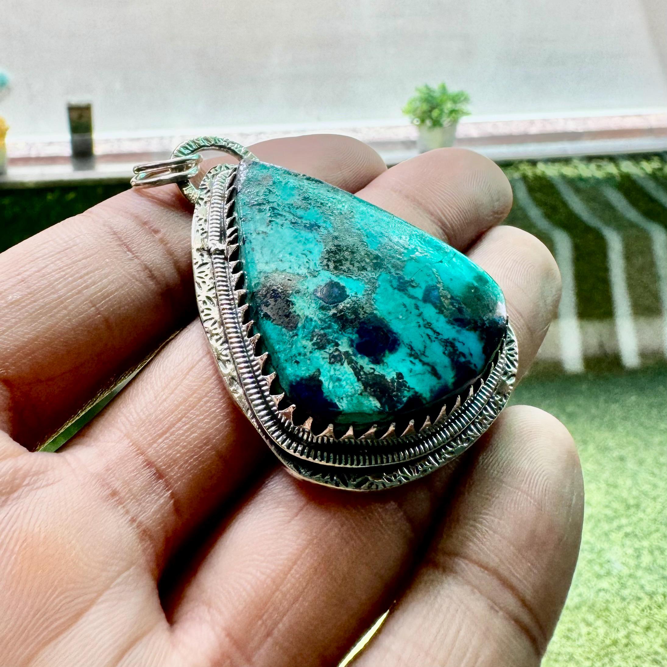 Ciondolo Artigianale In Argento 925 Con Shattuckite Divina, Pietra Blu Ovale, Fatto A Mano India