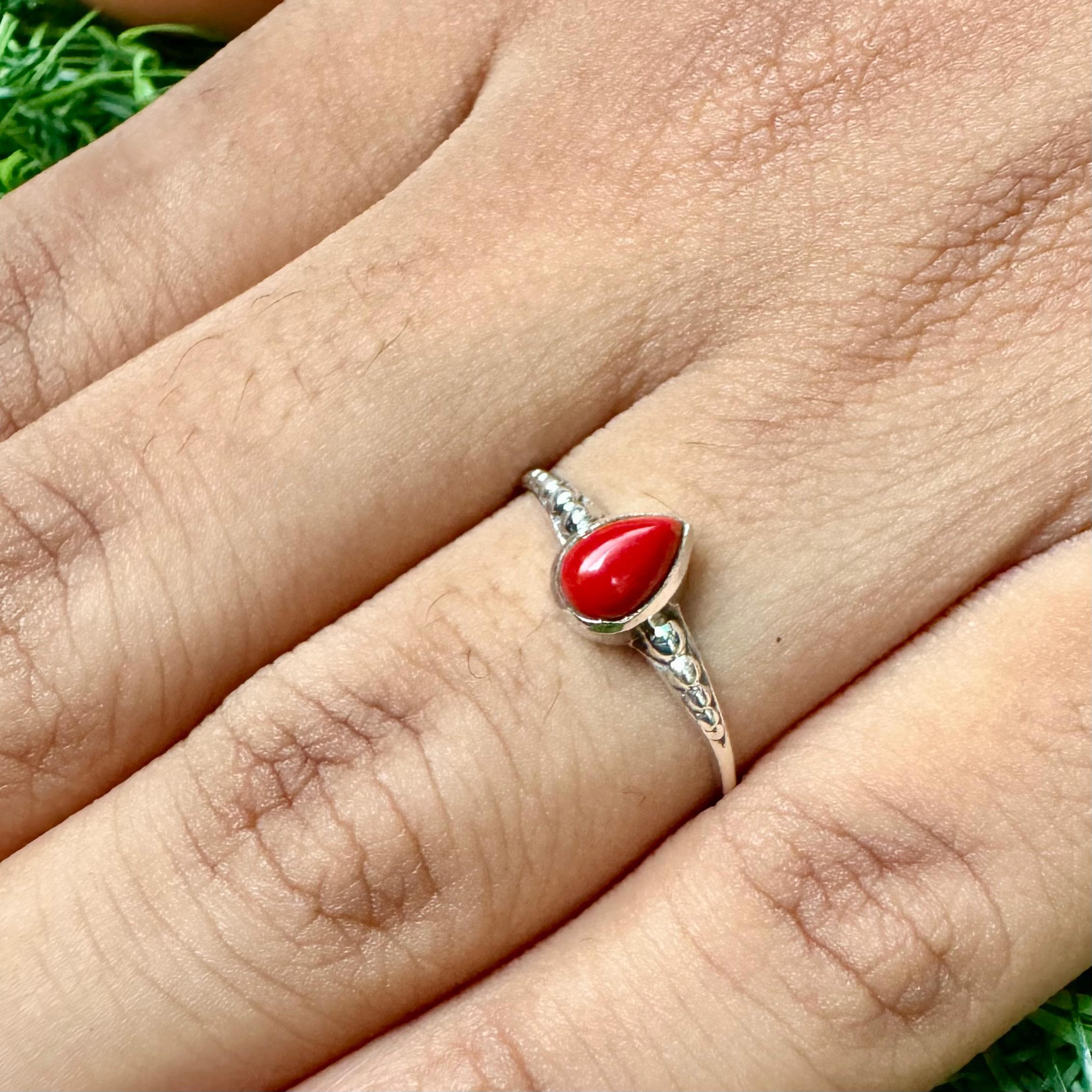 Pear Red Coral Ring, 925 Sterling Silver, Handmade Ring, Natural
