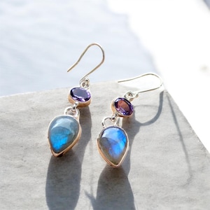 Two Stone Earring, Labradorite Earring / Amethyst Earring, Natural Gemstone, Handmade Earring, Drop Earring, 925 Sterling Silver Earring***