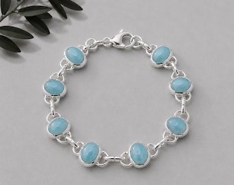 Handmade Oval Larimar Bracelet, 925 Sterling Silver Bracelet, Women's Jewelry***