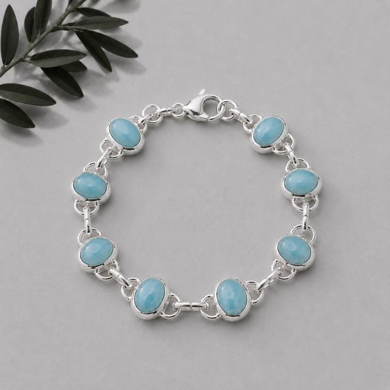 Handmade Oval Larimar Bracelet, 925 Sterling Silver Bracelet, Women's Jewelry***