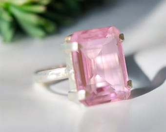Solid 925 Sterling Silver Ring, Pink Rose Quartz Ring, Statement Ring, Handmade Ring, Quartz Gemstone, Baguette Ring, Beautiful Ring For Her