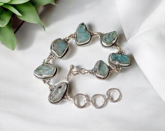 Pulsera original de aguamarina natural, pulsera de plata de ley 925, aguamarina en bruto, pulsera hecha a mano, pulsera ajustable, regalo para el amor***