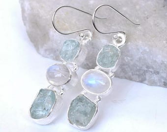 Pendiente de aguamarina/piedra lunar en bruto, hecho a mano, en plata de ley 925, con dos piedras, colgante, nueva colección, ideal para regalar.