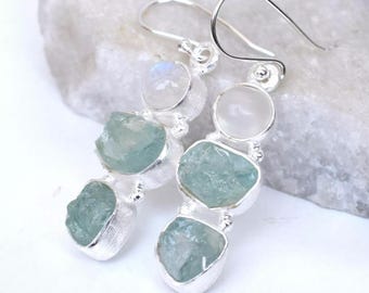 Pendiente de aguamarina/piedra lunar en bruto, hecho a mano, en plata de ley 925, con dos piedras, colgante, regalo para el amor***