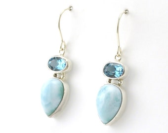 Pendiente de larimar/topacio azul en forma de pera, joyería artesanal de plata de ley 925, pendiente colgante***